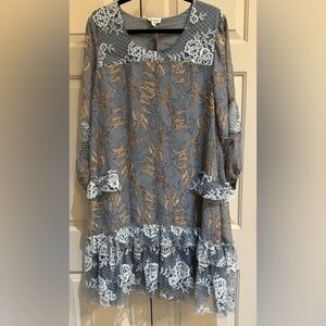 POL Gray and Gold Lace Midi Dress